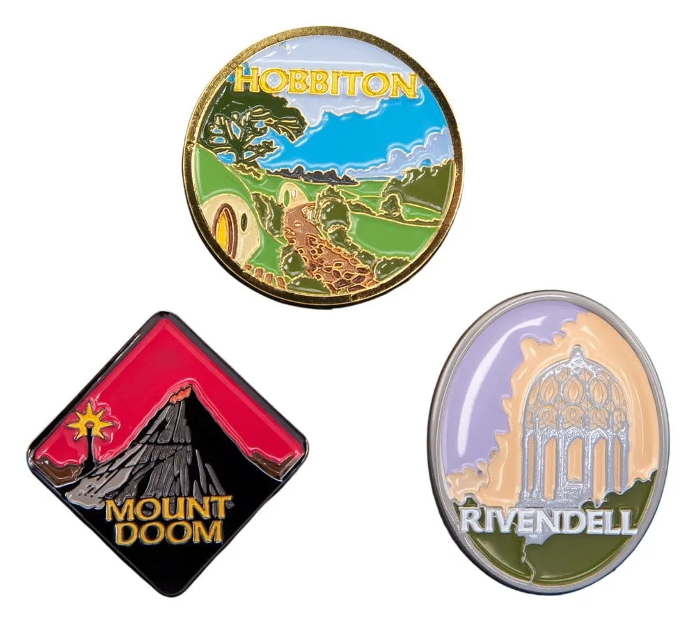 The Lord of the Rings Trilogy Pin Set &ndash; Hobbiton, Rivendell & Mount Doom